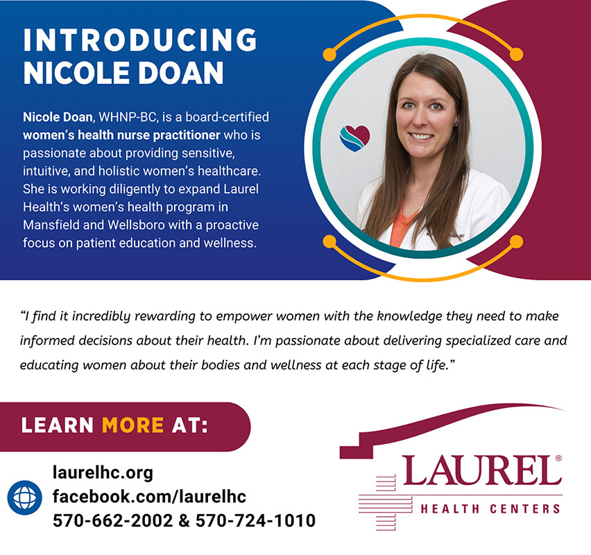 Nicole Doan infographic explaining that Nicole is a women's health practitioner accepting new patients of all ages in Mansfield and Wellsboro, PA